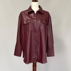 Cleo Petites Faux Leather Snap Button Long Sleeve Top